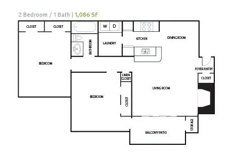 A floor plan of a 2 bedroom apartment with 1 bathroom.
